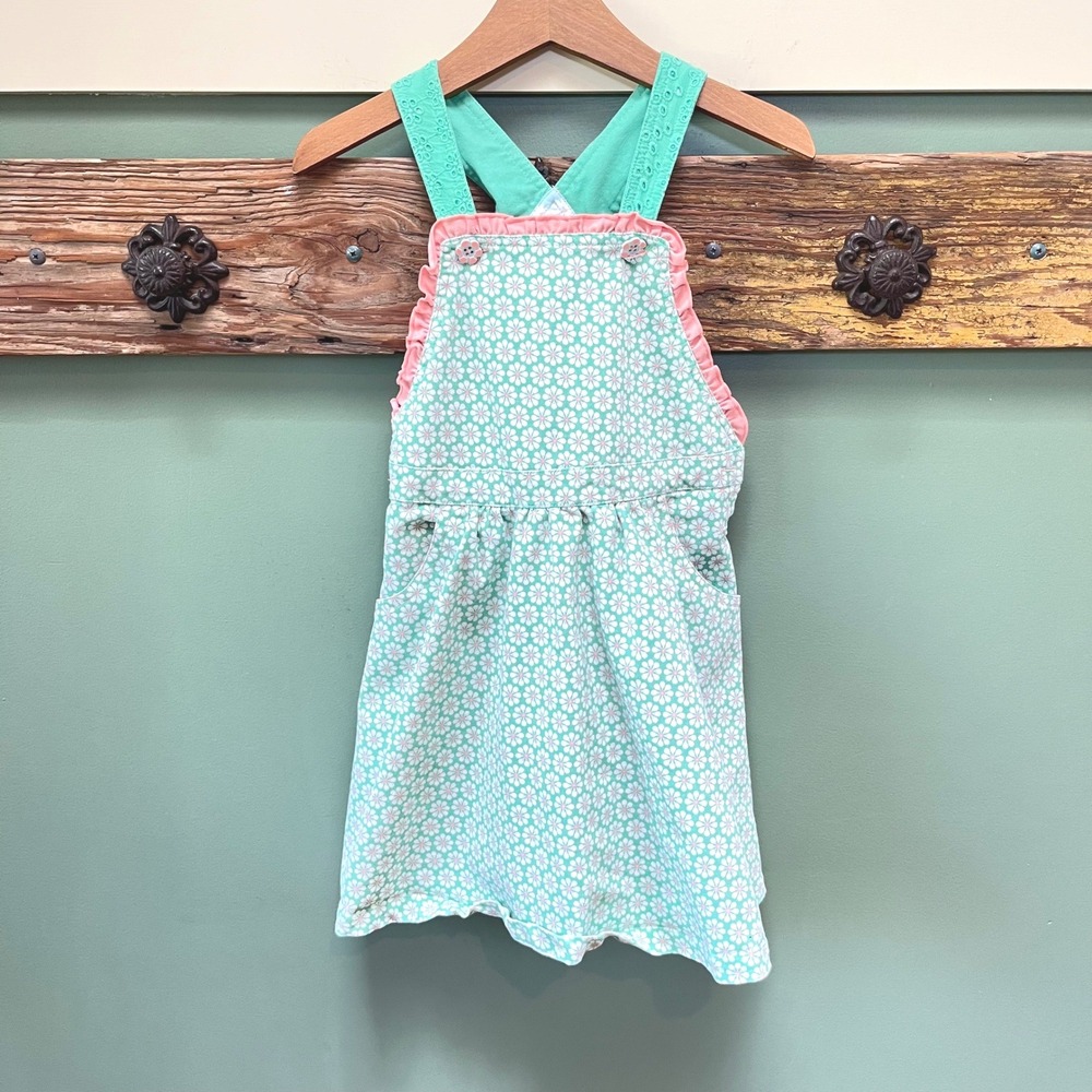 Matilda Jane Girls Green Floral Pinafore Dress Size 6 Daisy Ruffle Eyelet Strap